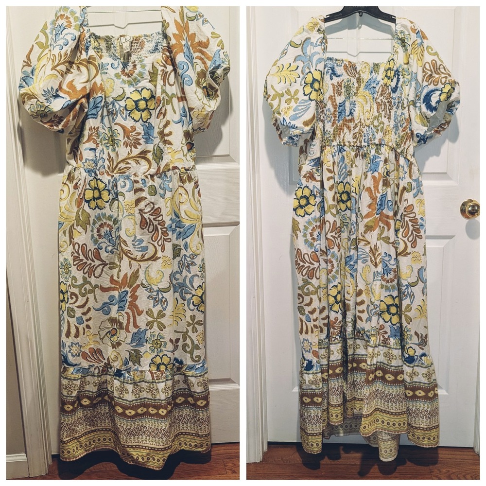 Cottagecore Boho Floral Maxi Dress Puff Sleeve Cotton Plus Size 3X LEA NWT